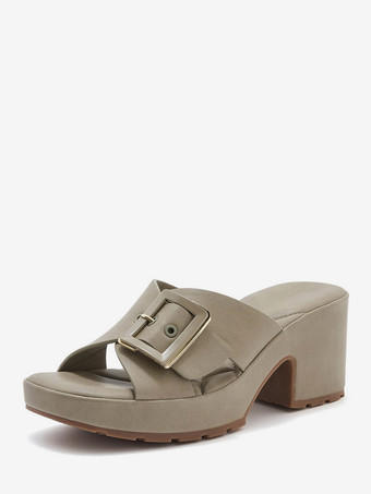チャンキーヒールスライド レディース オープントゥ バックルディテール サンダルシューズ