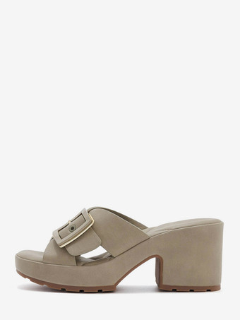 オリーブカラーチャンキーヒールスライド レディース オープントゥ バックルディテール サンダルシューズ