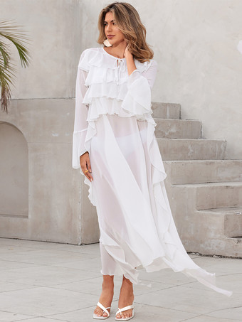 ホワイト ホワイトのフリル付きカバーアップ 長袖 ゆったり マキシドレス（ビーチ用）2025