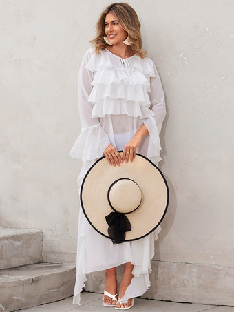 ホワイトのフリル付きカバーアップ 長袖 ゆったり マキシドレス（ビーチ用）2025