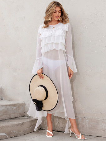 ホワイトのフリル付きカバーアップ 長袖 ゆったり マキシドレス（ビーチ用）2025