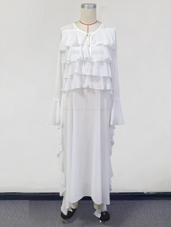 ホワイトのフリル付きカバーアップ 長袖 ゆったり マキシドレス（ビーチ用）2025