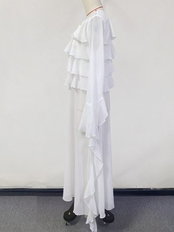 ホワイトのフリル付きカバーアップ 長袖 ゆったり マキシドレス（ビーチ用）2025
