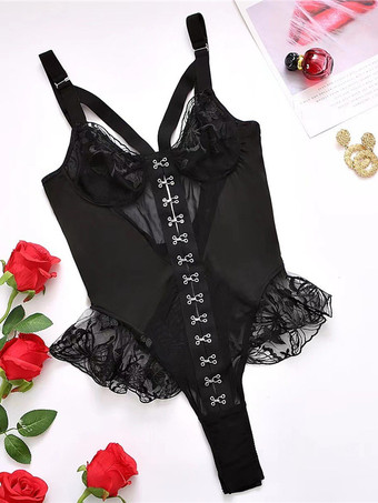 女性用ランジェリー コルセット テディ レース ブラック 女性用セクシーテディ