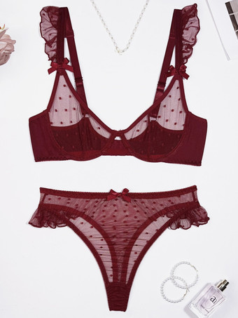 セクシーランジェリー 2ピース バックレス リボン バーガンディ ブラ パンティ セット