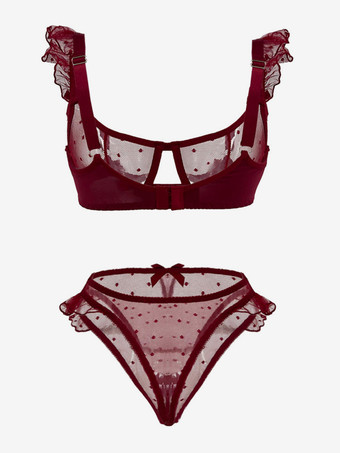 セクシーランジェリー 2ピース バックレス リボン バーガンディ ブラ パンティ セット