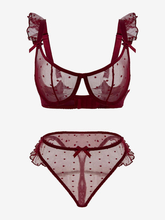 ワインレッド セクシーランジェリー 2ピース バックレス リボン バーガンディ ブラ パンティ セット
