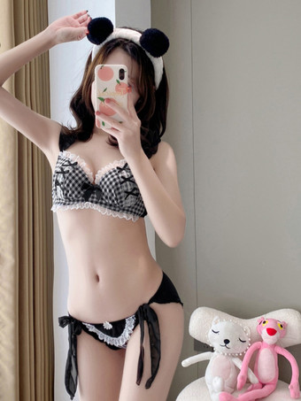 Ensemble de lingerie Sweet Lolita noire à volants nœuds en dentelle soutien-gorge et pantalon à carreaux