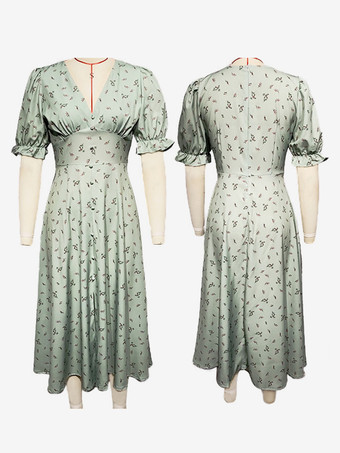 2026年夏にぴったりのグリーンフローラルプリントVネックミディドレス