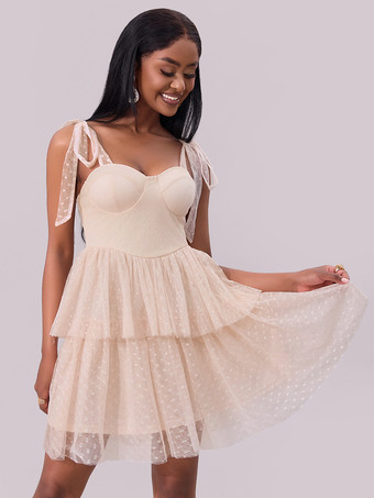 スイートハートネックライン レイヤードミニパーティードレス（アプリコット）2025