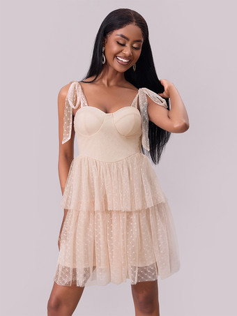 スイートハートネックライン レイヤードミニパーティードレス（アプリコット）2025