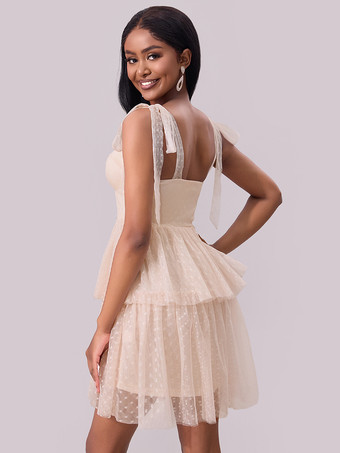 スイートハートネックライン レイヤードミニパーティードレス（アプリコット）2025