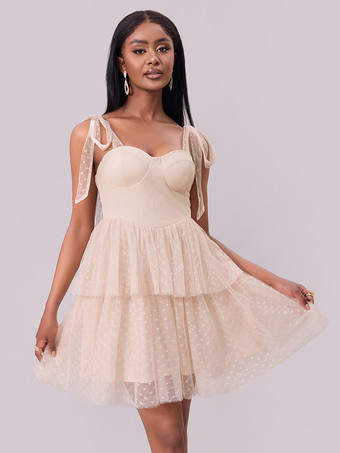 スイートハートネックライン レイヤードミニパーティードレス（アプリコット）2025