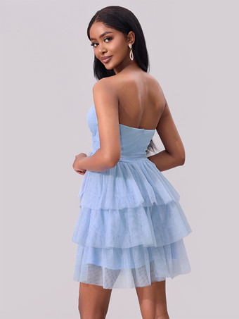スイートハートネックライン、ティアードフリル、ミニパーティードレス（ブルー、2025年）