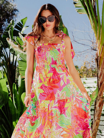 2025年夏向けフローラルプリントシャーリングマキシスリップドレス