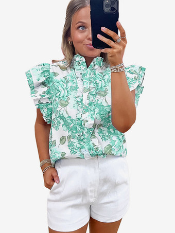 グリーン 2025年夏にぴったりの花柄フリル袖ブラウス