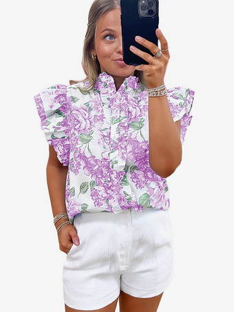 パープル 2025年夏にぴったりの花柄フリル袖ブラウス