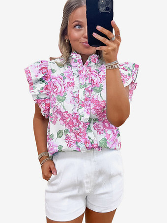 ピンク2025年夏にぴったりの花柄フリル袖ブラウス