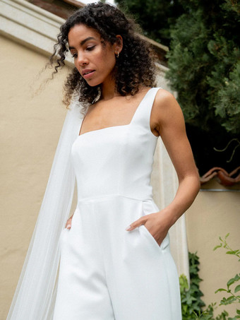 ホワイトブライダルジャンプスーツ ポリエステル レース フロアレングス ツーピース イリュージョンネックライン 半袖 ナチュラルウエスト ホワイト