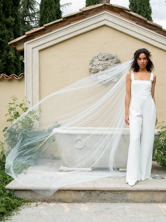 ブライダルジャンプスーツ ポリエステル レース フロアレングス ツーピース イリュージョンネックライン 半袖 ナチュラルウエスト ホワイト