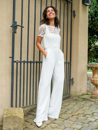ブライダルジャンプスーツ ポリエステル レース フロアレングス ツーピース イリュージョンネックライン 半袖 ナチュラルウエスト ホワイト