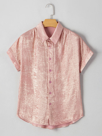 ソフトピンクの半袖シャツ（光沢のある生地）2025