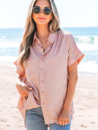 ピンクソフトピンクの半袖シャツ（光沢のある生地）2025