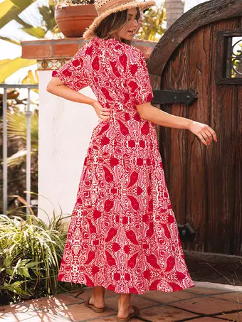Vibrant Red Boho Print Maxi Dress For Summer 2026 - Milanoo.com
