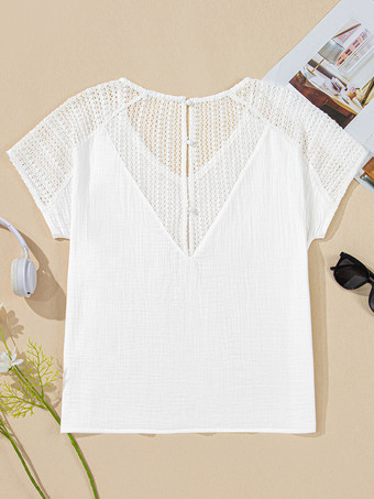 ホワイトVネック中空Tシャツ サマートップス 2025