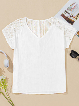 ホワイトVネック中空Tシャツ サマートップス 2025