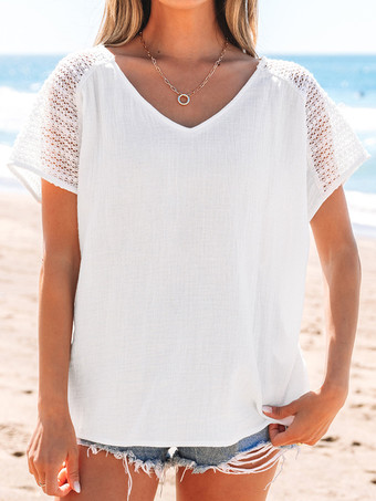 ホワイトVネック中空Tシャツ サマートップス 2025