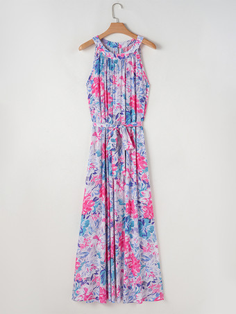 2025年夏にぴったりの花柄ノースリーブベルト付きマキシドレス