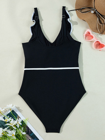 フリル付き黒と白のVネックワンピース水着 2025