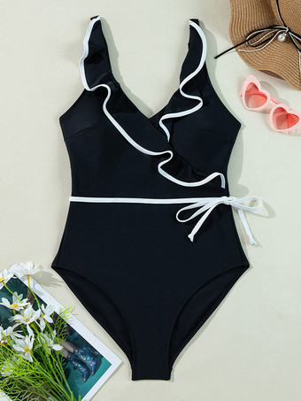 フリル付き黒と白のVネックワンピース水着 2025