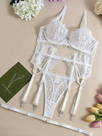 ブライダルウェディングセクシーランジェリー4ピースレースホワイトブラショーツセット