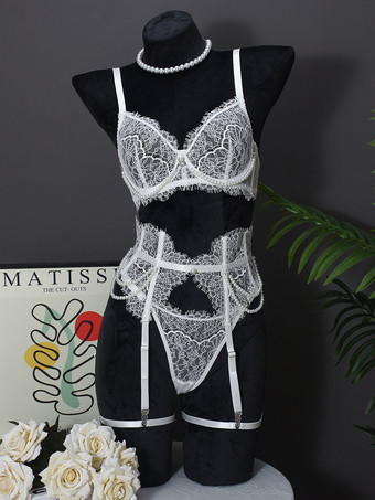 ホワイト ブライダルウェディングセクシーランジェリー4ピースレースホワイトブラショーツセット