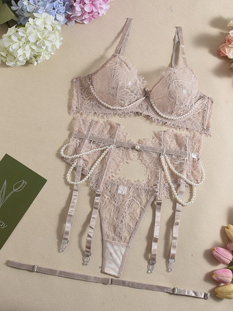 ライト アプリコットブライダルウェディングセクシーランジェリー4ピースレースホワイトブラショーツセット