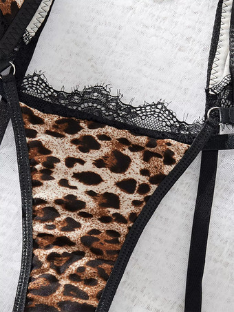 セクシーランジェリー 4ピース キリン柄 レース ブラウン 大人用 ブラ＆ショーツセット