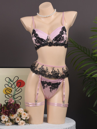 レースランジェリー 花柄 セクシー ピンク 4点 ブラ＆パンティセット