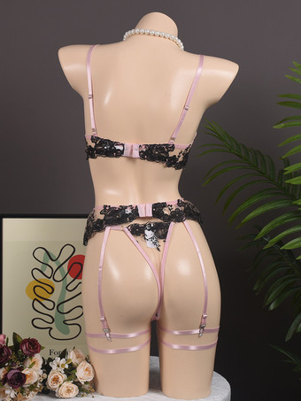 レースランジェリー 花柄 セクシー ピンク 4点 ブラ＆パンティセット