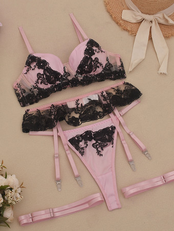 レースランジェリー 花柄 セクシー ピンク 4点 ブラ＆パンティセット