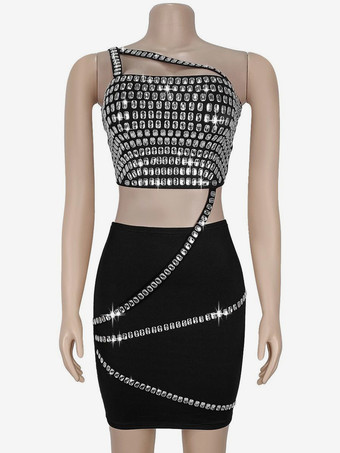 ラインストーン付きワンショルダーボディコンミニドレス（アシンメトリーデザイン）2025