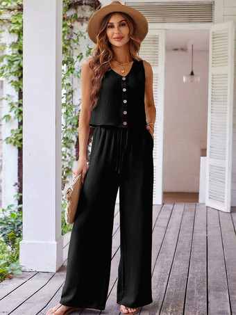 ブラック ノースリーブトップスとワイドレッグパンツの夏ツーピースコーデセット 2025