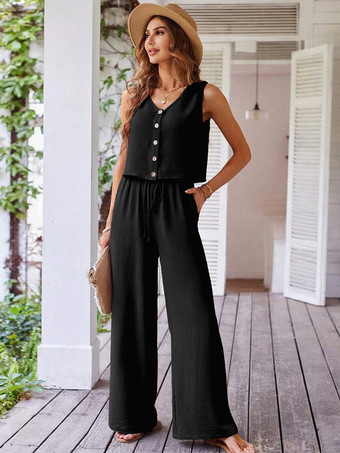 ノースリーブトップスとワイドレッグパンツの夏ツーピースコーデセット 2025