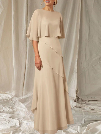 バニラクリーム花嫁の母のためのパーティードレス。ジュエルネック、ハーフスリーブ、ボールガウン、フリル、結婚式用ゲストドレス。