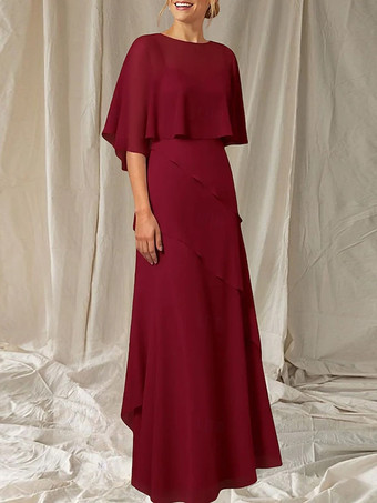 バーガンディー花嫁の母のためのパーティードレス。ジュエルネック、ハーフスリーブ、ボールガウン、フリル、結婚式用ゲストドレス。