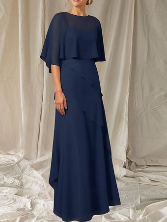 ダークネイビー花嫁の母のためのパーティードレス。ジュエルネック、ハーフスリーブ、ボールガウン、フリル、結婚式用ゲストドレス。