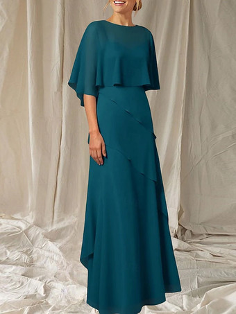 ブルーグリーン花嫁の母のためのパーティードレス。ジュエルネック、ハーフスリーブ、ボールガウン、フリル、結婚式用ゲストドレス。