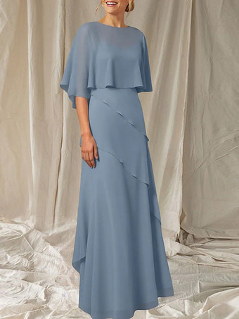 スレートグレー 花嫁の母のためのパーティードレス。ジュエルネック、ハーフスリーブ、ボールガウン、フリル、結婚式用ゲストドレス。