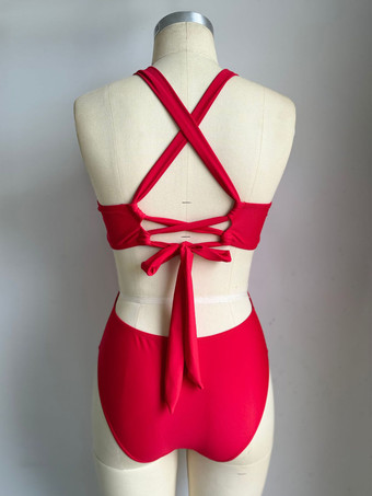 2025年夏のビーチにぴったりの赤いカットアウトモノキニワンピース水着
